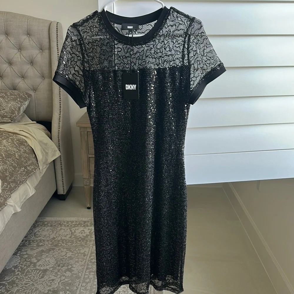 DKNY Black Sheath sequined Midi Dress Crew Neck Short Sleeve - Picture 4 of 5